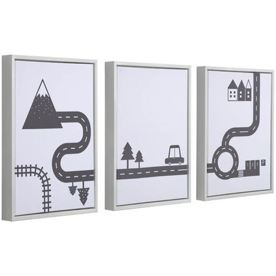 Kave Home - Lot de 3 tableaux Nisi en bois blanc avec voitures noires