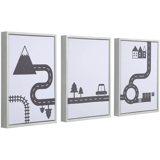 Kave Home - Lot de 3 tableaux Nisi en bois blanc avec voitures noires