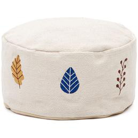 Kave Home - Pouf Yanil 100% en coton blanc avec broderie de feuilles multicolore Ã˜ 40 cm