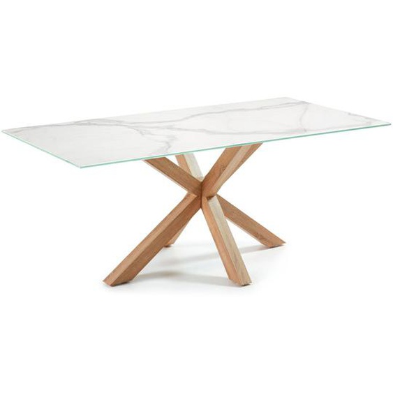 Kave Home - Table Argo en grÃ¨s cÃ©rame blanc et pieds en acier effet bois 200 x 100 cm