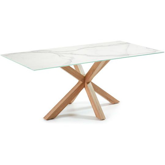 Kave Home - Table Argo en grÃ¨s cÃ©rame Kalos finition blanche et pieds en acier effet bois 180 x 100 cm