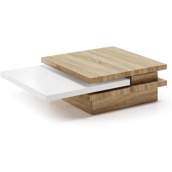 Kave Home - Table basse Kiu MDF effet chêne et laqué blanc 70 (106) x 70 cm