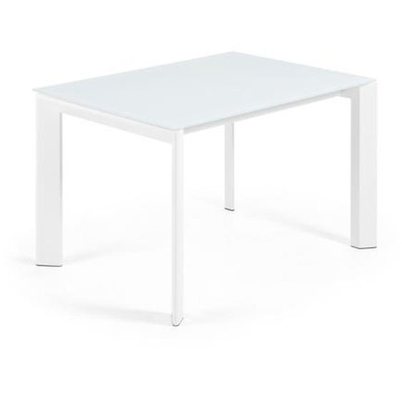 Kave Home - Table extensible Axis en verre blanc et pieds en acier finition blanche 120 (180) cm