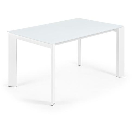 Kave Home - Table extensible Axis en verre blanc et pieds en acier finition blanche 140 (200) cm