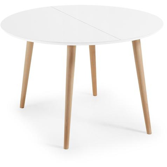 Kave Home - Table extensible ronde Oqui MDF laqué blanc et pieds bois hêtre 120(200)x120 cm