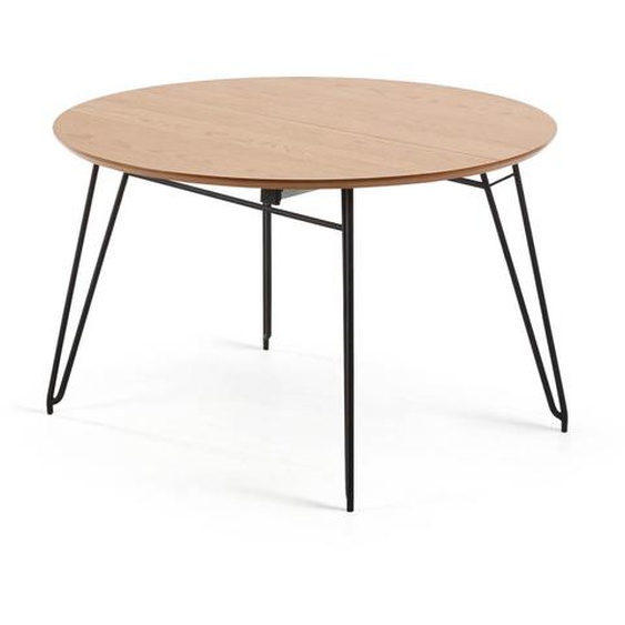 Kave Home - Table ronde extensible Novac Ø 120 (200) cm contreplaqué de chêne et pieds en acier noir