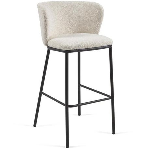 Kave Home - Tabouret Ciselia bouclette blanc et métal noir hauteur 75 cm