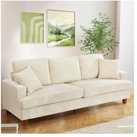 Canapé en Velours Côtelé 3 Places,Grand Canapé Droit Rembourré Moderne avec Sièges extra profonds de 53cm,2 Coussins,220L x 76l x 84H cm,Beige