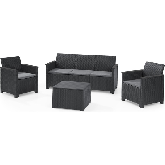 Keter Lounge Set Emma 9 pièces - graphite , 2 fauteuils + canapé 3 places + 1 table avec fonction coffre + 5 coussins dassise