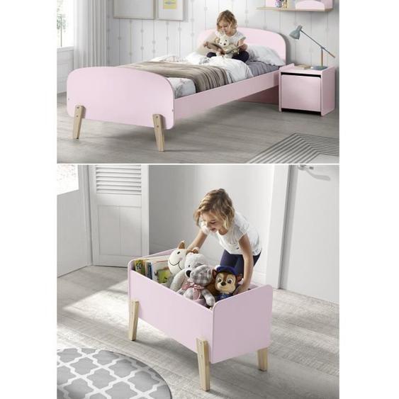 KIDDY Chambre enfant complète style scandinave en bois pin massif et MDF laqué vieux rose - l 90 x L 200 cm