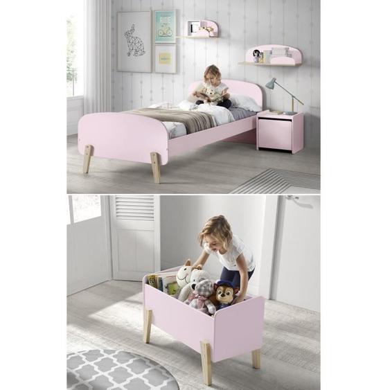 KIDDY Chambre enfant complète style scandinave en bois pin massif et MDF laqué vieux rose - l 90 x L 200 cm