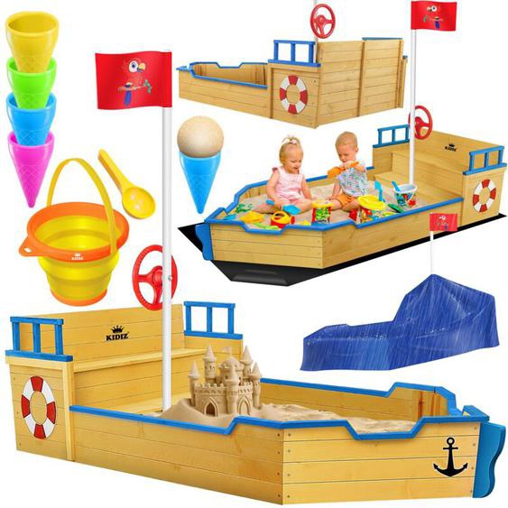 Kidiz - Bac à sable Ahoi - Bateau pirate Bateau à voile en bois Avec couvercle Plancher Banc Mât de drapeau Jouets de sable Bleu