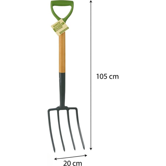 Kinzo Fourche à foin avec 4 dents - Outil de jardin avec manche en bois - Fourche à fumier pour le potager et le compost - Fourche à bêcher solide pour bêcher, aérer et ameublir