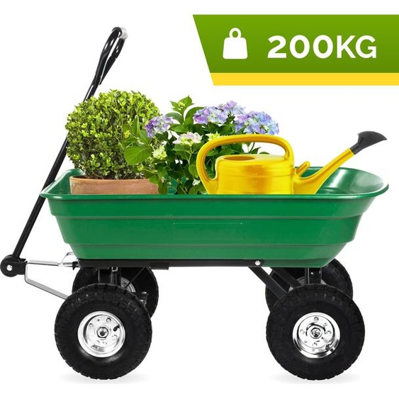 Chariot de jardin, 4 roues pneumatiques, mécanisme de basculement, poignée rembourrée, bac fermé, maniable, tout-terrain, polyvalent, charge max. 200 kg