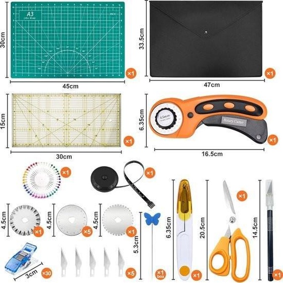 Kit complet de coupe-tissu de 45 mm, comprenant un coupe-tissu de 45 mm, un ensemble doutils avec coupe-tissu, un tapis de découpe A3, une règle de patchwork, 10 pinces à tissu, 50 épingles et 3 lames de rechange pour différents types de coupe.