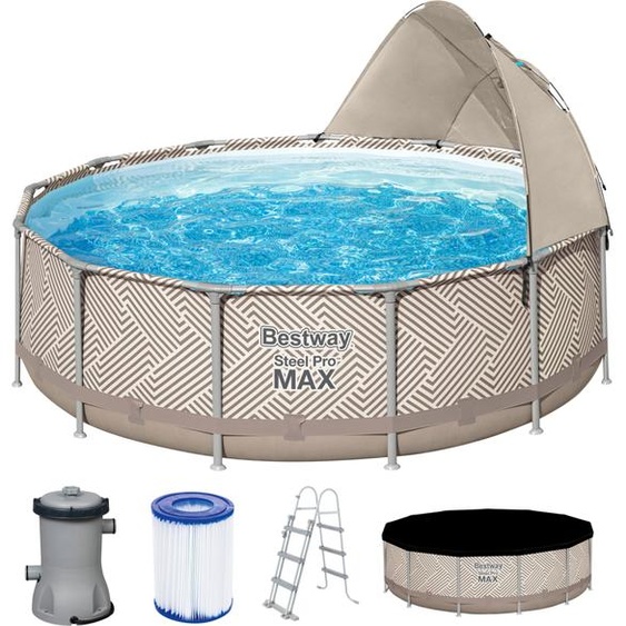 Kit complet piscine Bestway® Steel Pro MAX™ Frame avec pompe filtrante Ø 396 x 107 cm, design Op Art, ronde