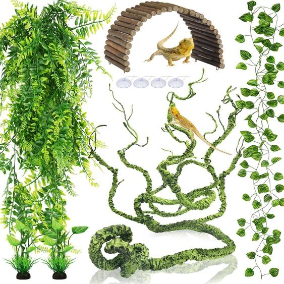 Kit daccessoires pour reptiles, comprenant des plantes artificielles, des ponts en bois flexibles, des grilles descalade, 1 ensemble, pour terrariums