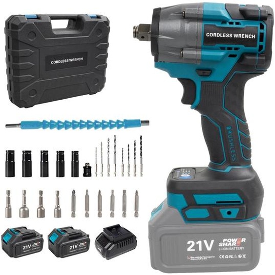 Kit de 26 pièces comprenant une clé à chocs sans fil - Clé à chocs électrique - 21 V - 2 batteries - Éclairage LED - Fonction de changement de sens de rotation - Couleur : bleu