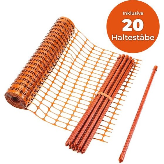 Kit de barrière de sécurité Floordirekt Chester – Filet de chantier avec 20 poteaux et attaches – Clôture de jardin, clôture pour volaille, clôture davertissement, clôture à enfoncer – 1 x 30 m, orange