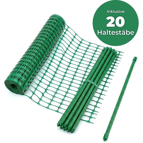 Kit de barrière de sécurité Floordirekt Chester – Filet de chantier avec 20 poteaux et attaches – Clôture de jardin, clôture pour volaille, clôture davertissement, clôture à enfoncer – 1 x 30 m, vert