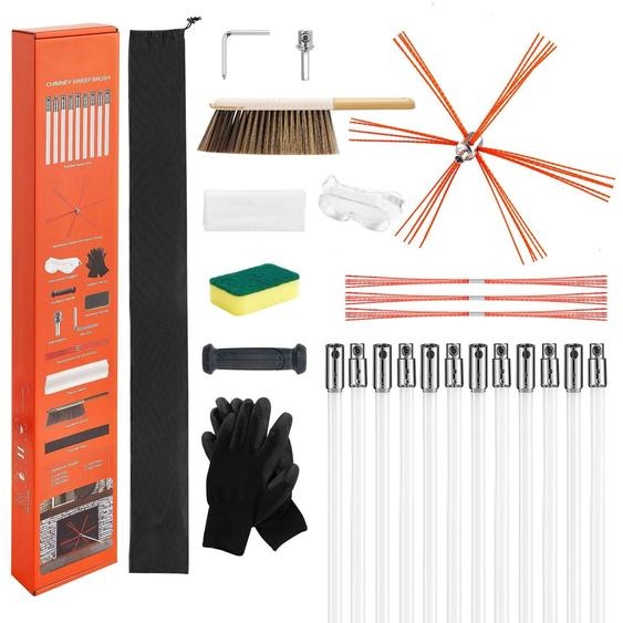 Kit de brosses pour cheminée et conduit de fumée - Kit de nettoyage pour cheminée - Jusquà 12 m de longueur - Pliable à 90° - Pour conduits de fumée carrés et rectangulaires