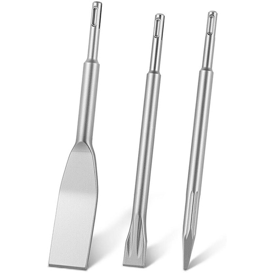 Kit de burins SDS Plus - 3 pièces. Accessoire pour marteau-perceur - comprenant un burin pointu, un burin plat et un burin à pointe large. Acier allié 40Cr traité thermiquement. Idéal pour les travaux de démolition et de rénovation
