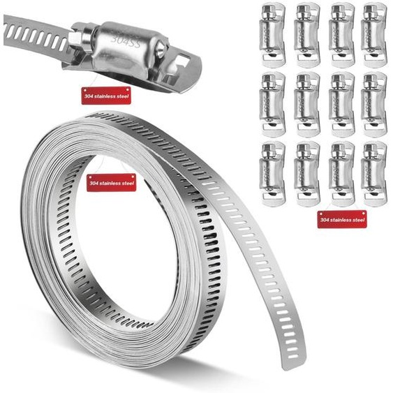 Kit de colliers de serrage pour tuyaux, 5 mètres, acier inoxydable 304, réglables, 12 colliers