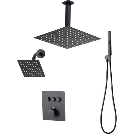 Kit de douche SucceBuy avec pomme de douche à effet pluie 12 pouces, pomme de douche à montage mural 6 pouces et douchette 2 en 1, double pomme de douche rotative à trois fonctions, kit dhabillage de la vanne en laiton, finition thermostatique noire mate