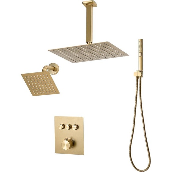 Kit de douche SucceBuy avec pomme de douche à effet pluie de 12 pouces, pomme de douche à montage mural de 6 pouces et douchette à main 2 en 1. Pomme de pluie double pivotante à trois fonctions, vanne en laiton et kit dhabillage en or brossé.