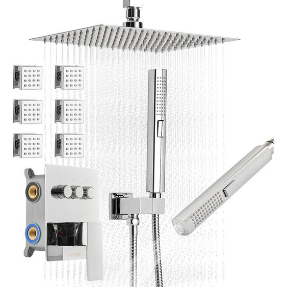 Kit de douche VEVOR avec système de douche à effet pluie 10 pouces / 6 douches corporelles / douchette à main 2 en 1, système de tête de pluie rotatif (3 fonctions), vanne en laiton et kit dhabillage, chrome salle de bains