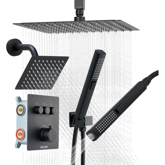 Kit de douche VEVOR avec système de douche à effet pluie 12 pouces / tête de montage mural 6 pouces / douchette à main 2 en 1, double pomme de douche rotative (3 fonctions), kit dhabillage de la valve en laiton, noir mat thermostatique