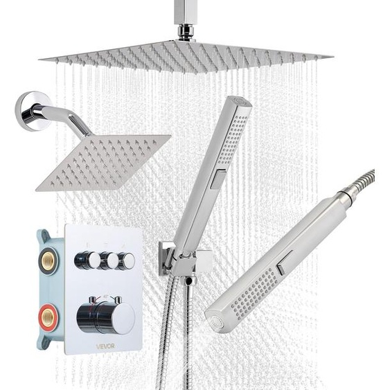 Kit de douche VEVOR avec système de douche à effet pluie 12 pouces / tête de montage mural 6 pouces / douchette à main 2 en 1, double pomme de douche rotative (3 fonctions), robinet en laiton et kit dhabillage, thermostatique chrome