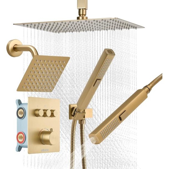 Kit de douche VEVOR avec système de douche à effet pluie 12 pouces / tête de montage mural 6 pouces / douchette à main 2 en 1, double pomme de douche rotative (3 fonctions), vanne en laiton et kit dhabillage, or brossé