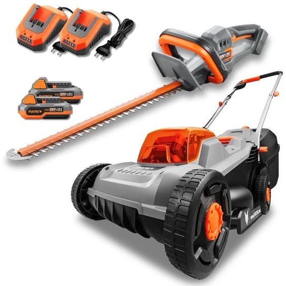 Kit de jardinage sans fil FUXTEC 20 V FX-E1RM20ECO-SET & FX-E1HS20-SET | Tondeuse à gazon et taille-haie sans fil | Système de batteries interchangeables | 2 batteries de 2 Ah avec chargeur