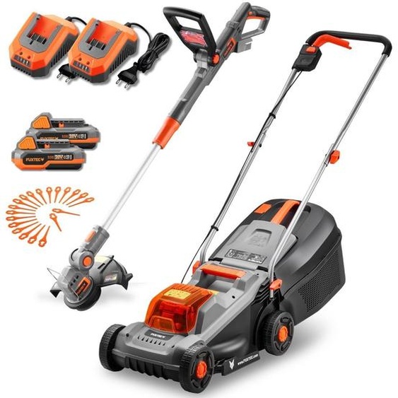 Kit de jardinage sans fil FUXTEC 20 V FX-E1RM20ECO-SET & FX-E1RT20-SET | Tondeuse à gazon et coupe-bordures sans fil | Batterie interchangeable | Tondeuse de 30 cm