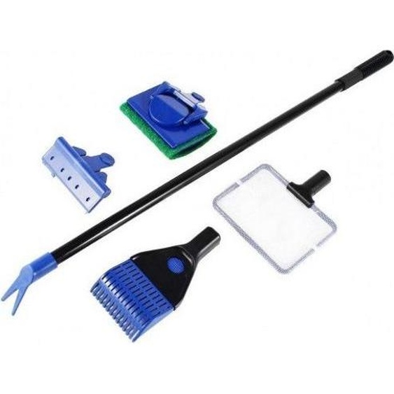 Kit de nettoyage pour aquarium 5in1 Multi Tool Nettoyeur de vitres Filet de pêche Fourche pour plantes Nettoyeur dalgues Outil de nettoyage Set daccessoires