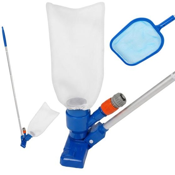 Kit de nettoyage pour piscine Relaxdays, 3 pièces, comprenant une longue tige, un filet à débris et un aspirateur pour piscine compatible avec un tuyau darrosage, en aluminium, couleur argent/bleu