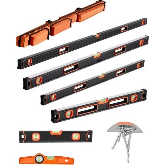 Kit de niveau à bulle avec 6 pièces - 200/120/80/60/40/25cm - Niveau à bulle en alliage daluminium avec fioles - Outil de mesure magnétique pour 45/90/180 degrés - Résistant aux chocs, échelle SAE & métrique