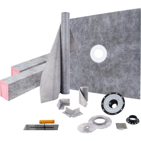 Kit de rebord de douche, rebord de douche étanche de 121,9 x 121,9 cm avec bride centrale de collage en ABS de 10,2 cm, grille en acier inoxydable de 10,2 cm, 2 rebords de douche découpables et truelle, barres de pente pour receveur de douche