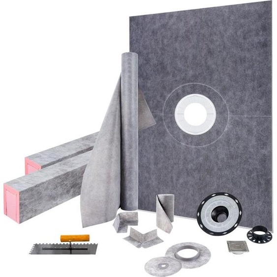 Kit de rebord de douche, rebord de douche étanche en ABS de 38 po x 60 po avec bride de fixation centrale en ABS de 4 po, grille en acier inoxydable de 4 po et truelle, rebord de douche découpable, receveur de douche adapté à la salle de bain