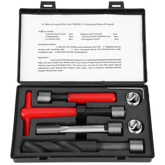 kit de réparation de filetage de 11 pièces en acier inoxydable, foret tordu, clé, taraud, outil dinsertion, M16x1,5