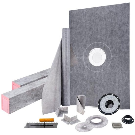 Kit de seuil de douche VEVOR, 121,9 x 182,9 cm, tapis de seuil de douche étanche avec 10,2 cm dABS au centre, 10,2 cm de tissu en acier inoxydable, 2 seuils de douche découpés et spatule,