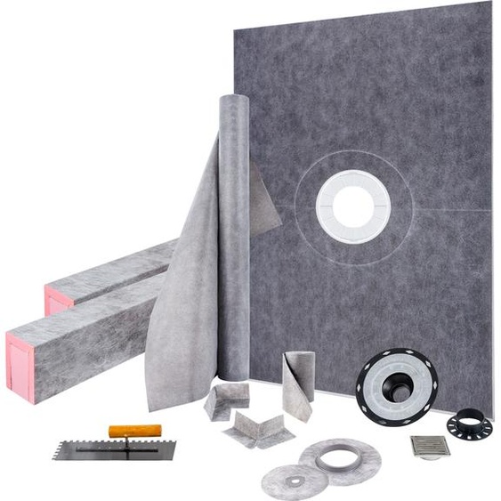 Kit de seuil de douche VEVOR, support de seuil de douche étanche 38 x 60 pouces avec bride centrale en PVC de 4 pouces, grille en acier inoxydable de 4 pouces, 2 seuils de douche découpables et truelle, barres de pente pour receveurs de douche