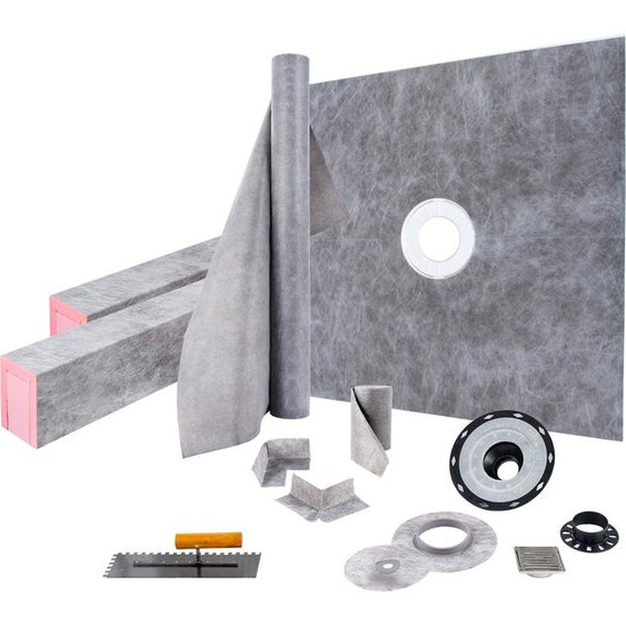 Kit de seuil de douche VEVOR, tapis de seuil de douche étanche de 48 x 48 pouces avec bride centrale en PVC de 4 pouces, grille en acier inoxydable de 4 pouces, 2 seuils pouvant être coupés et truelle, rampe de receveur de douche