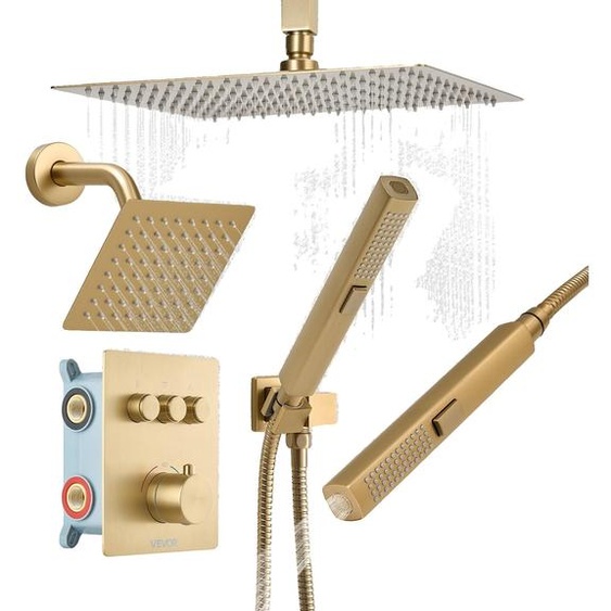 Kit de système de douche VEVOR, comprenant une douchette de pluie de 30 cm / une douchette murale de 15 cm / (3 fonctions), avec finition plaquée or