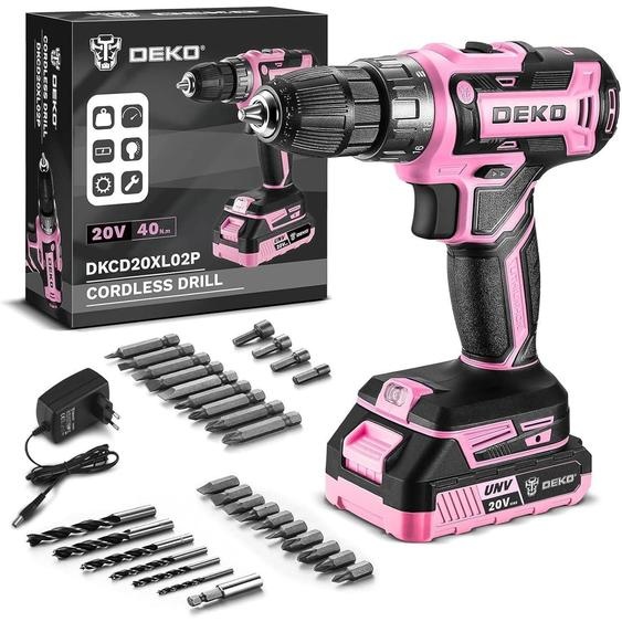 Kit de visseuse sans fil 20V, 30 pièces, comprenant une perceuse-visseuse à percussion, un couple de 40 Nm, une batterie et un chargeur, de couleur rose