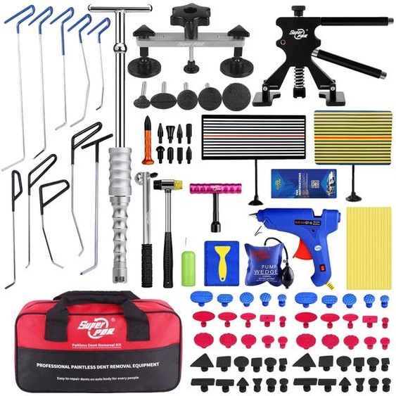 Kit doutils pour la réparation des bosses de voitures, comprenant 10 leviers, une plaque lumineuse LED, et un ensemble doutils PDR (Paintless Dent Repair)