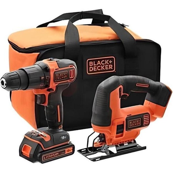Kit Perceuse à Percussion et Scie Sauteuse sans Fil Black+Decker, 18V, Batterie 1.5Ah, Chargeur Rapide, BCK22S1S-QW