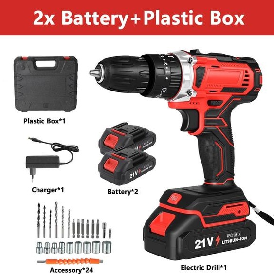 Kit perceuse-visseuse - Perceuse-visseuse sans fil - 21 V, 35 Nm, 0-1500 tr/min, 28+1 niveaux de couple, 2 batteries, kit 29 pièces - Rouge