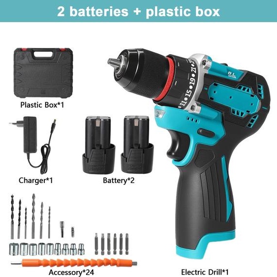 Kit perceuse-visseuse sans fil - 21 V - Moteur sans balais - Couple 55 Nm - Vitesse de rotation 0-1850 tr/min - Vitesses de rotation 24+1 - Deux batteries - Bleu